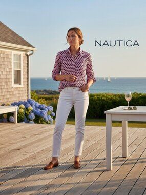 Nautica Jeans Pink Navy Tile Print Button Down Shirt XS Preppy Nautical Top